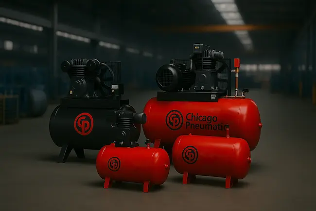Compressores de pistão industriais da Chicago Pneumatic em ambiente fabril, oferecidos pela Powertech