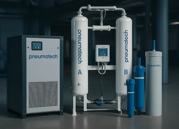 Produtos da linha Pneumatech para tratamento de ar comprimido industrial