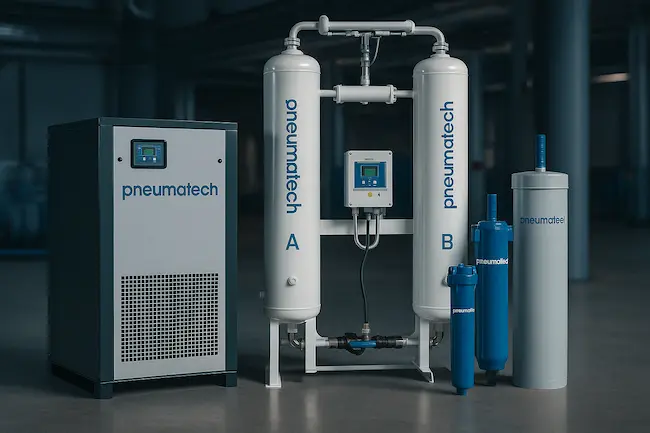 Produtos da linha Pneumatech para tratamento de ar comprimido industrial