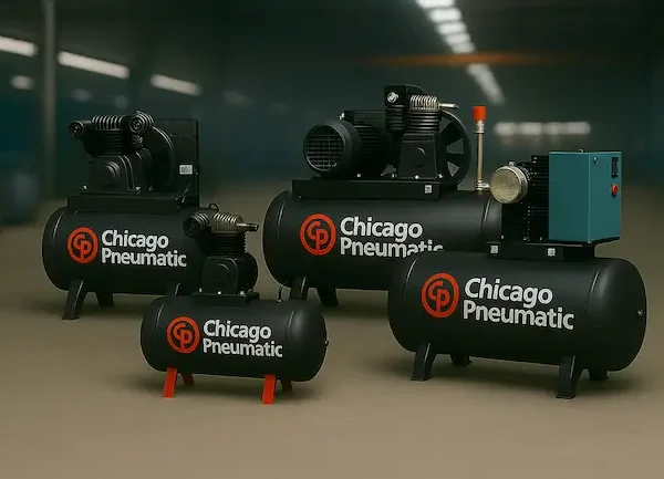 Compressores de pistão industriais da Chicago Pneumatic em ambiente fabril, oferecidos pela Powertech