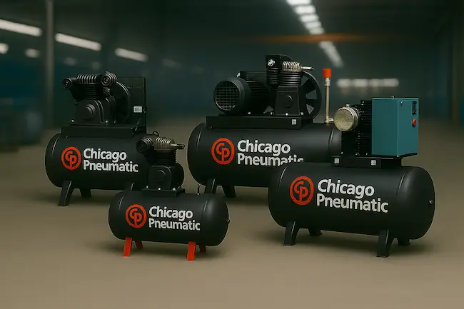 Compressores de pistão industriais da Chicago Pneumatic em ambiente fabril, oferecidos pela Powertech