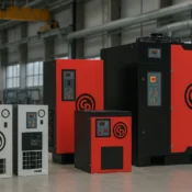 Secadores de ar comprimido Chicago Pneumatic modelos CPX e CP COOL instalados em ambiente industrial com compressores e tubulações