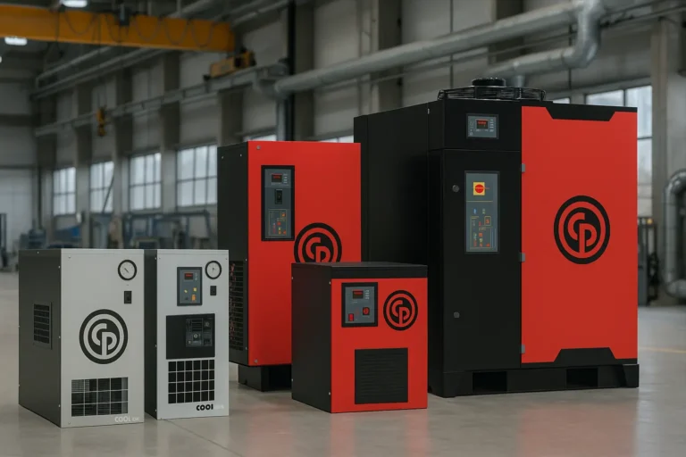 Secadores de ar comprimido Chicago Pneumatic modelos CPX e CP COOL instalados em ambiente industrial com compressores e tubulações