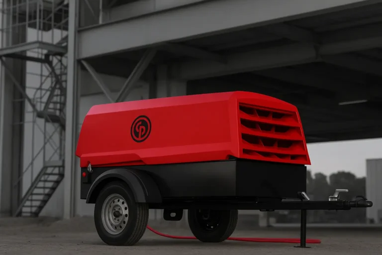 Compressor portátil a diesel Chicago Pneumatic vermelho e preto operando em obra industrial, modelo sem necessidade de ARLA 32, distribuído pela Powertech em Minas Gerais.