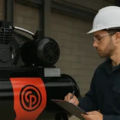 Engenheiro com capacete inspecionando compressor de ar Chicago Pneumatic em ambiente industrial, verificando o manômetro conforme as exigências da NR-13, representando segurança e conformidade técnica.