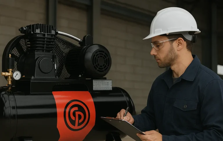 Engenheiro com capacete inspecionando compressor de ar Chicago Pneumatic em ambiente industrial, verificando o manômetro conforme as exigências da NR-13, representando segurança e conformidade técnica.