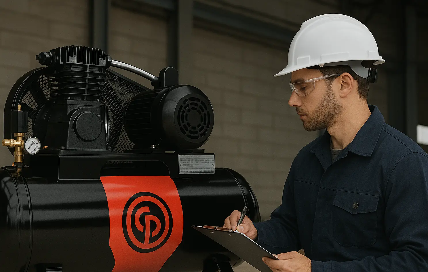 Engenheiro com capacete inspecionando compressor de ar Chicago Pneumatic em ambiente industrial, verificando o manômetro conforme as exigências da NR-13, representando segurança e conformidade técnica.