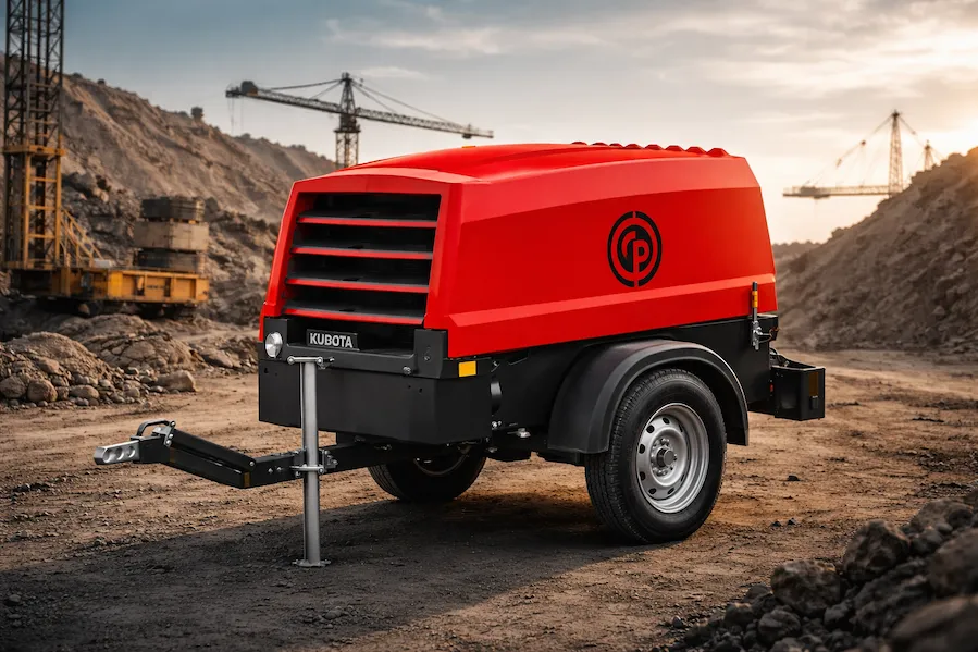 Compressor portátil CPS 175 Chicago Pneumatic em operação em ambiente industrial de obra e pavimentação.