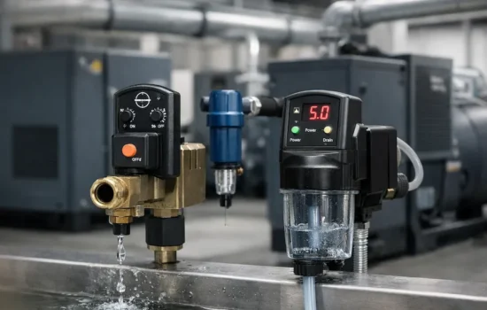Dreno automático de ar comprimido instalado em sistema industrial com compressor e secador, solução para evitar falhas e acúmulo de condensado em Minas Gerais