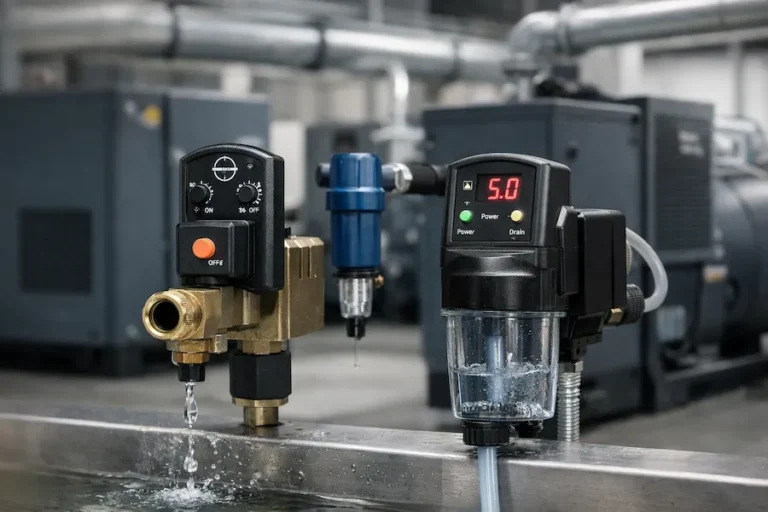 Dreno automático de ar comprimido instalado em sistema industrial com compressor e secador, solução para evitar falhas e acúmulo de condensado em Minas Gerais