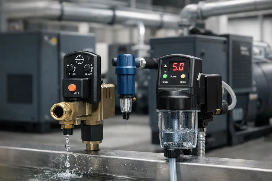Dreno automático de ar comprimido instalado em sistema industrial com compressor e secador, solução para evitar falhas e acúmulo de condensado em Minas Gerais