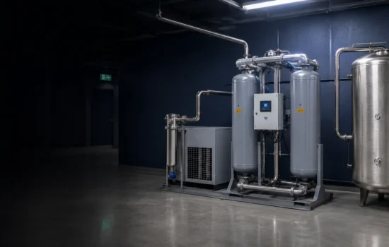 Gerador de oxigênio PSA Pneumatech instalado em sala técnica hospitalar com reservatório e tubulações industriais