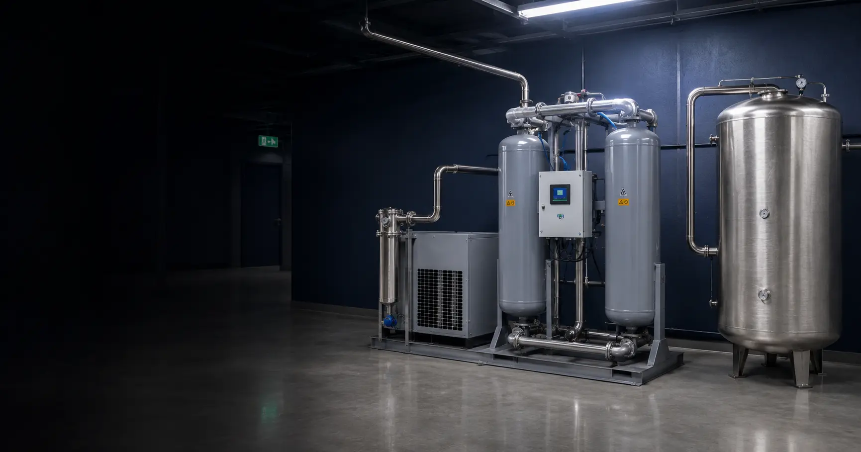 Gerador de oxigênio PSA Pneumatech instalado em sala técnica hospitalar com reservatório e tubulações industriais