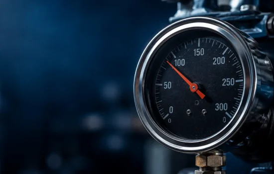 Manômetro industrial de compressor de ar indicando pressão em sistema de ar comprimido utilizado para cálculo de PCM e vazão de compressores