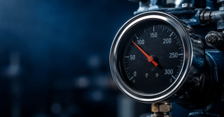 Manômetro industrial de compressor de ar indicando pressão em sistema de ar comprimido utilizado para cálculo de PCM e vazão de compressores