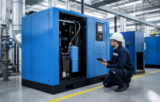 TÃ©cnico inspecionando compressor de parafuso industrial em fÃ¡brica