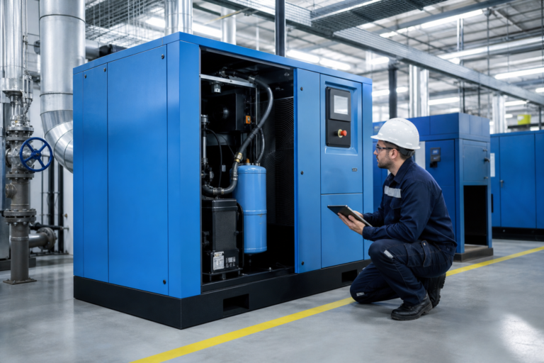 TÃ©cnico inspecionando compressor de parafuso industrial em fÃ¡brica