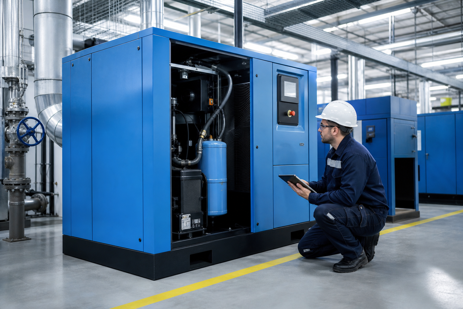 TÃ©cnico inspecionando compressor de parafuso industrial em fÃ¡brica