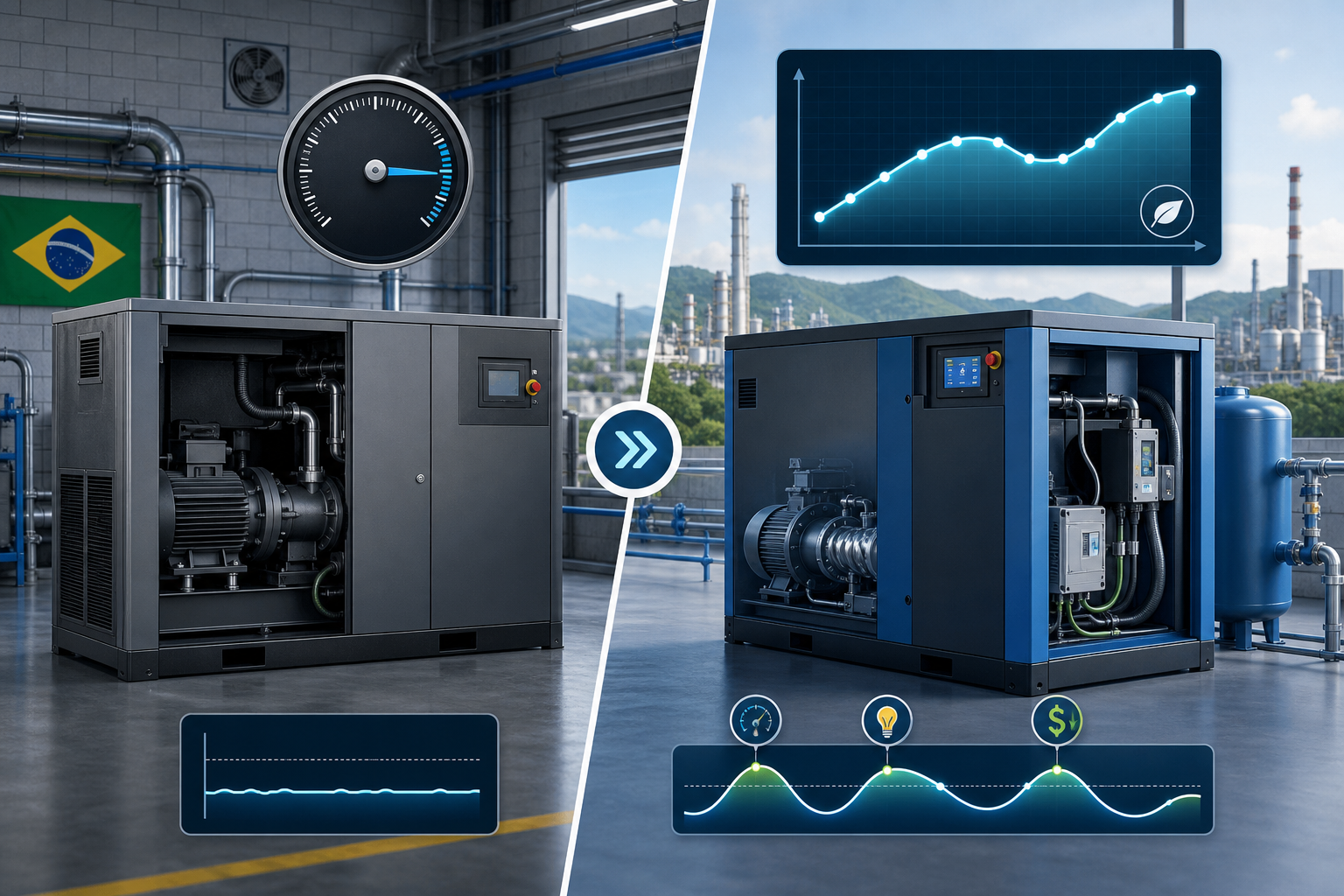 Comparativo entre compressor de parafuso fixo e VSD industrial