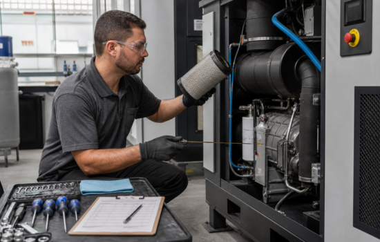 TÃ©cnico realizando manutenÃ§Ã£o preventiva em compressor industrial