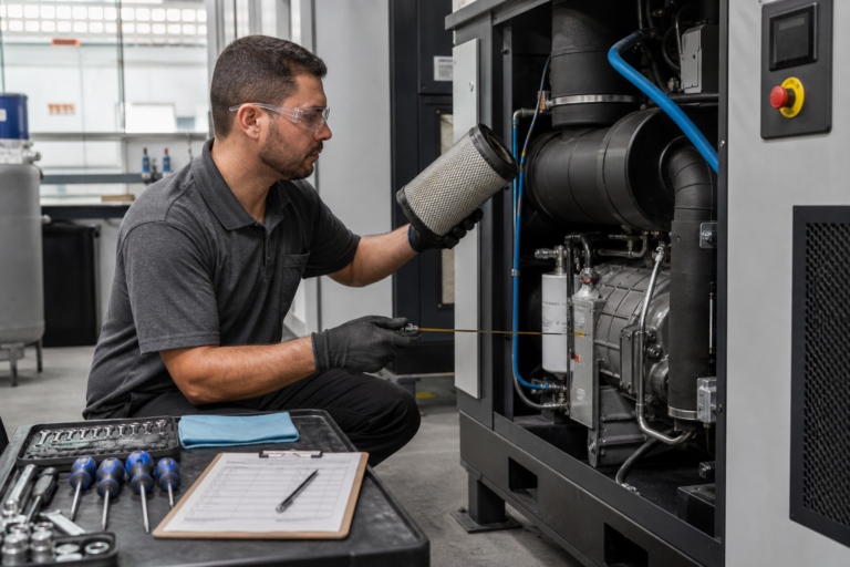 TÃ©cnico realizando manutenÃ§Ã£o preventiva em compressor industrial