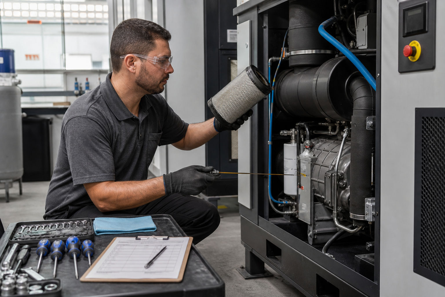 TÃ©cnico realizando manutenÃ§Ã£o preventiva em compressor industrial