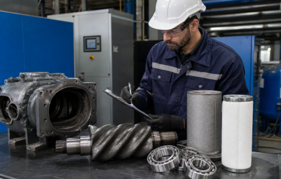 TÃ©cnico executando revisÃ£o programada em compressor de parafuso industrial