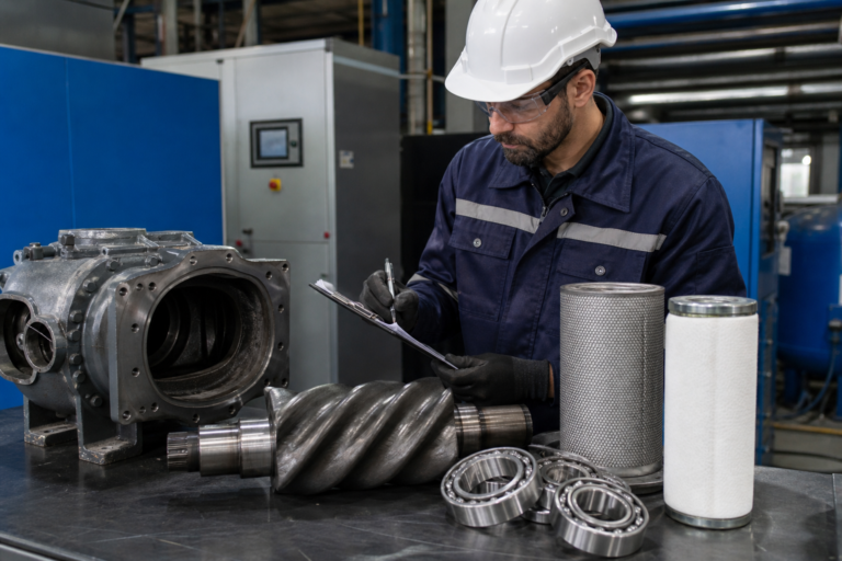 TÃ©cnico executando revisÃ£o programada em compressor de parafuso industrial