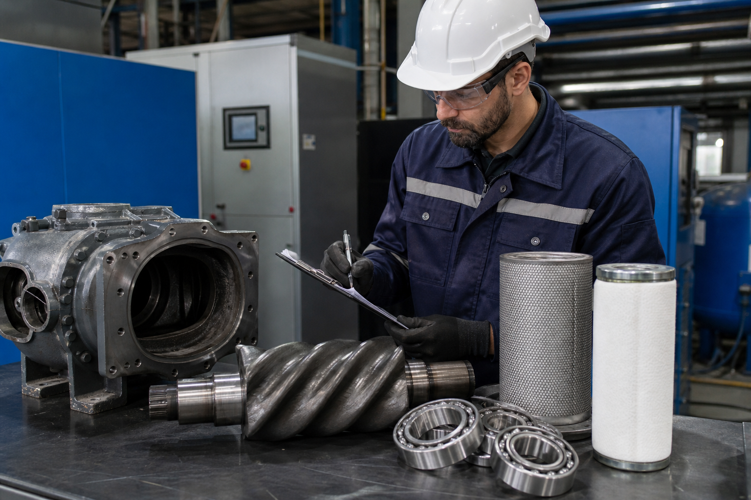 TÃ©cnico executando revisÃ£o programada em compressor de parafuso industrial
