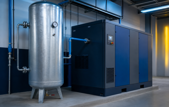 ReservatÃ³rio de ar comprimido vertical ao lado de compressor industrial em sala tÃ©cnica