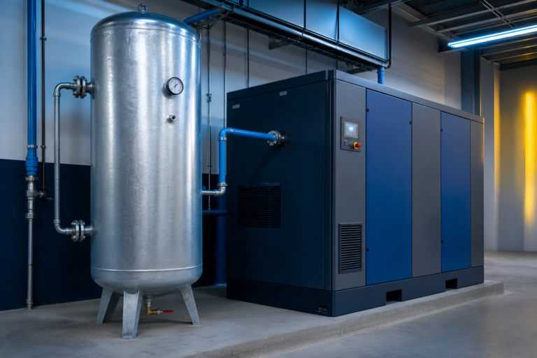 ReservatÃ³rio de ar comprimido vertical ao lado de compressor industrial em sala tÃ©cnica