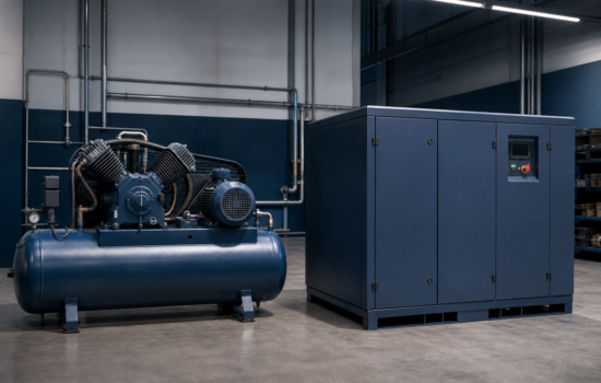 Comparativo visual entre compressor de pistÃ£o e compressor de parafuso industrial