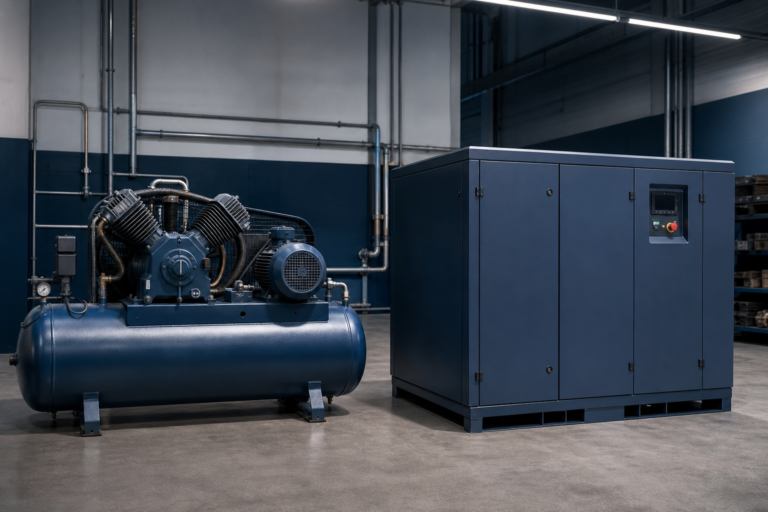 Comparativo visual entre compressor de pistÃ£o e compressor de parafuso industrial