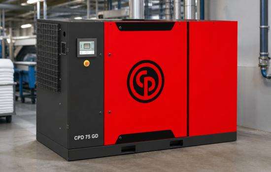 Compressor Chicago Pneumatic vermelho e preto em ambiente industrial