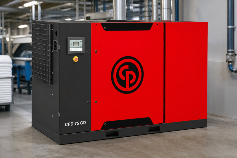 Compressor Chicago Pneumatic vermelho e preto em ambiente industrial