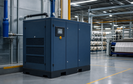 Compressor de parafuso industrial em ambiente de indústria têxtil