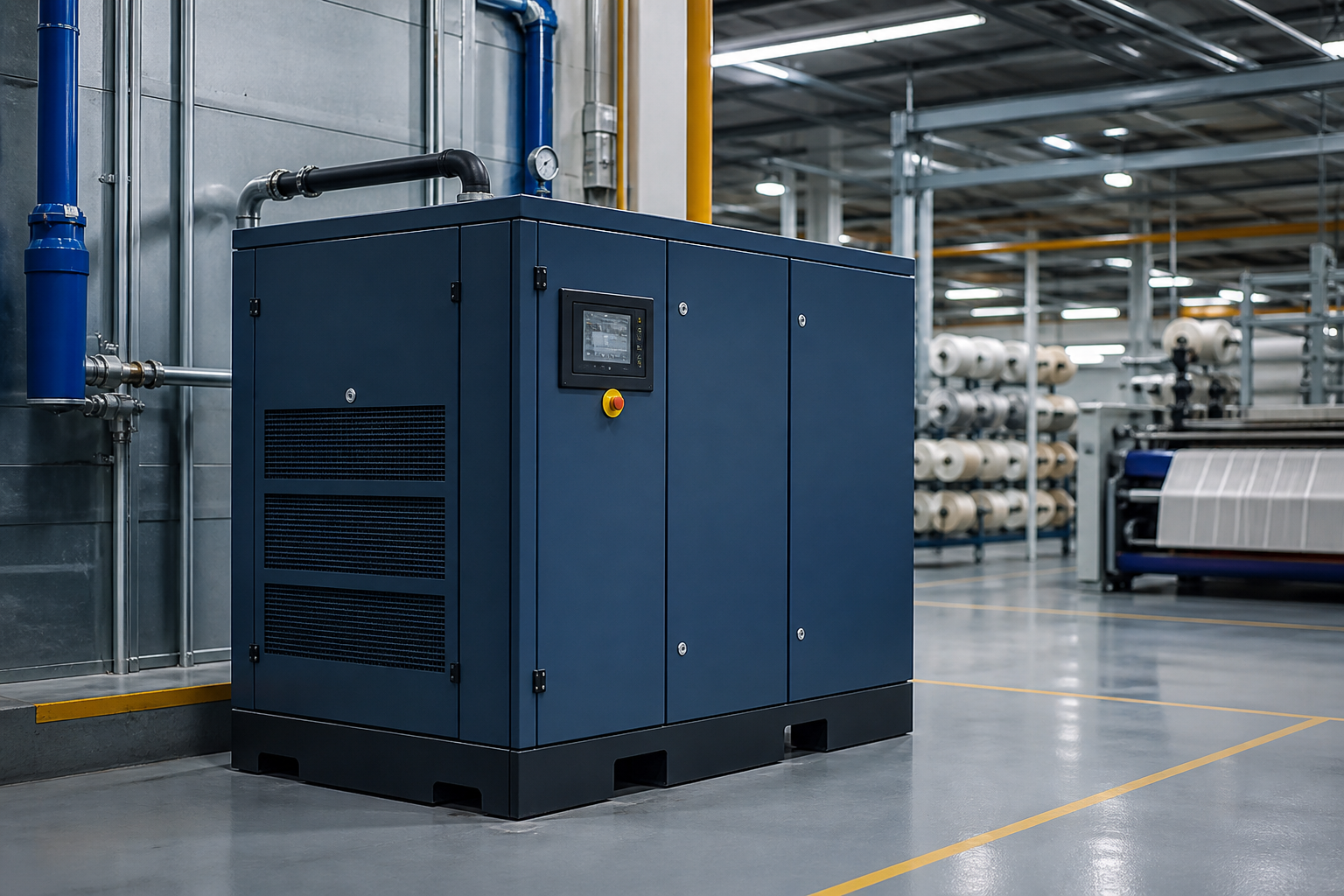 Compressor de parafuso industrial em ambiente de indústria têxtil
