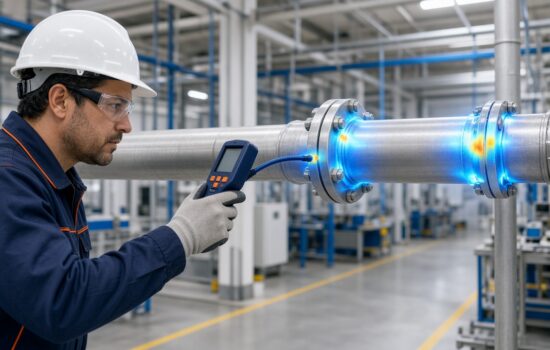 Técnico inspecionando conexões de rede de ar comprimido em busca de vazamentos