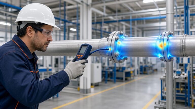 Técnico inspecionando conexões de rede de ar comprimido em busca de vazamentos