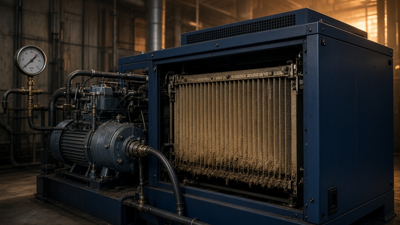 Radiador de compressor de parafuso em diagnóstico de superaquecimento